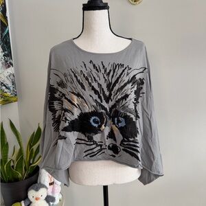 Topshop Gray Raccoon Print Long Sleeve Tee